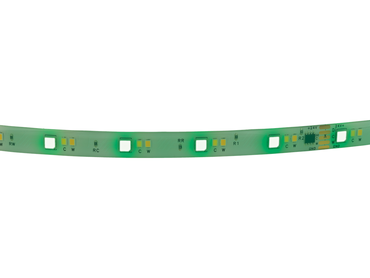 Fita LED com luzes brancas e amarelas, resistores e pontos de conexão.