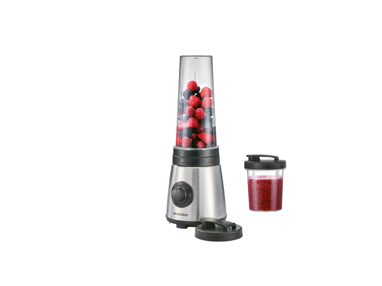 Μπλέντερ Silvercrest® με μούρα και ένα ποτήρι έτοιμο smoothie
