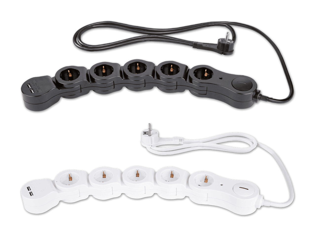 Zwei flexible Steckdosenleisten, eine schwarz, eine weiß, mit je fünf Steckplätzen und USB-Anschlüssen.