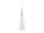 White cordless water flosser with multiple modes on a charging base.