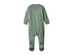 Back view of a sage green baby footed sleeper.