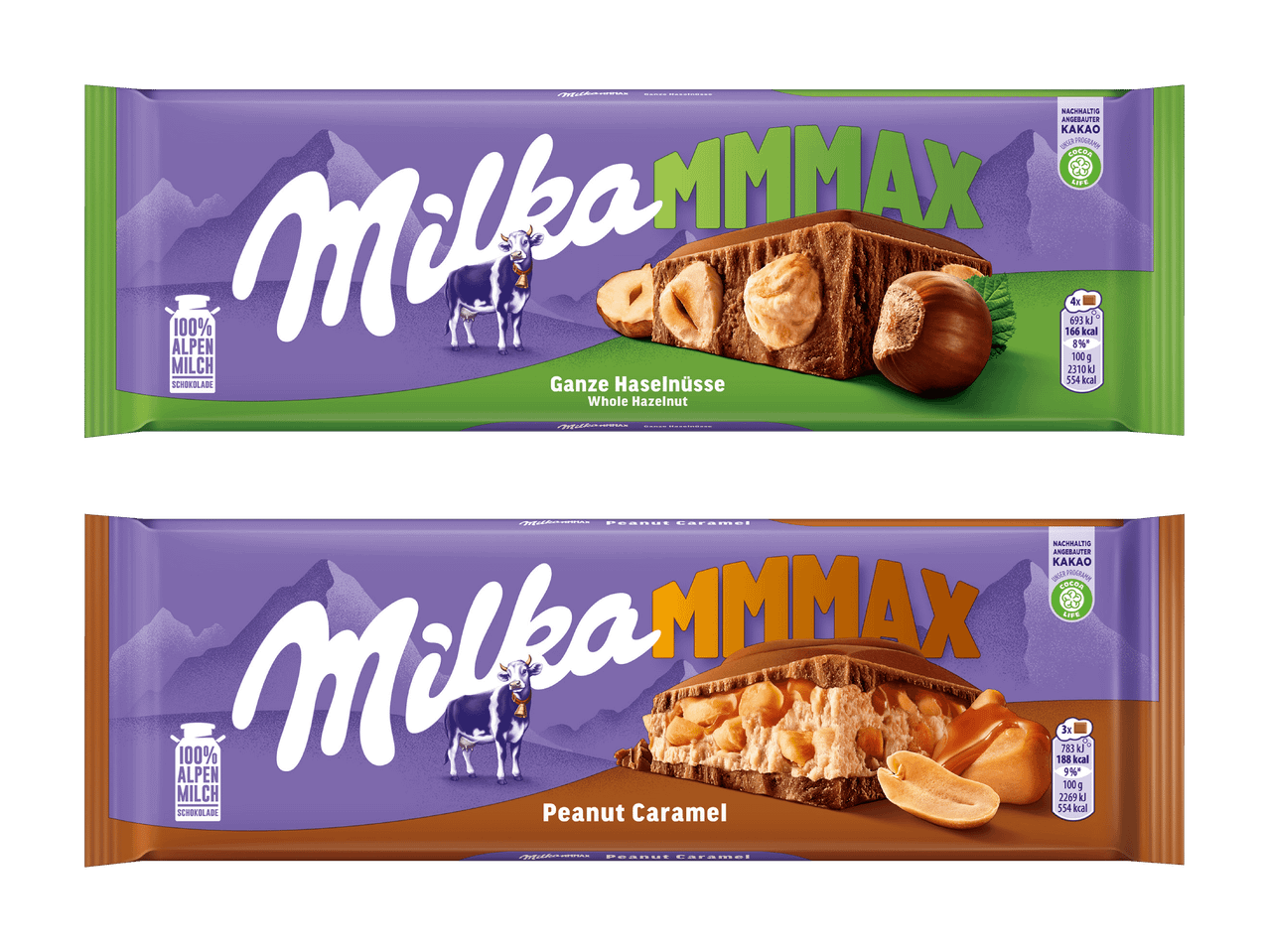 Zwei Milka MMMMax Schokoladentafeln: eine mit ganzen Haselnüssen, die andere mit Erdnuss-Karamell.