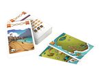 Pirate-themed board game cards featuring treasure maps, a beach scene, and numbered tokens.
