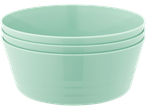 Three pale green plastic bowls stacked neatly.