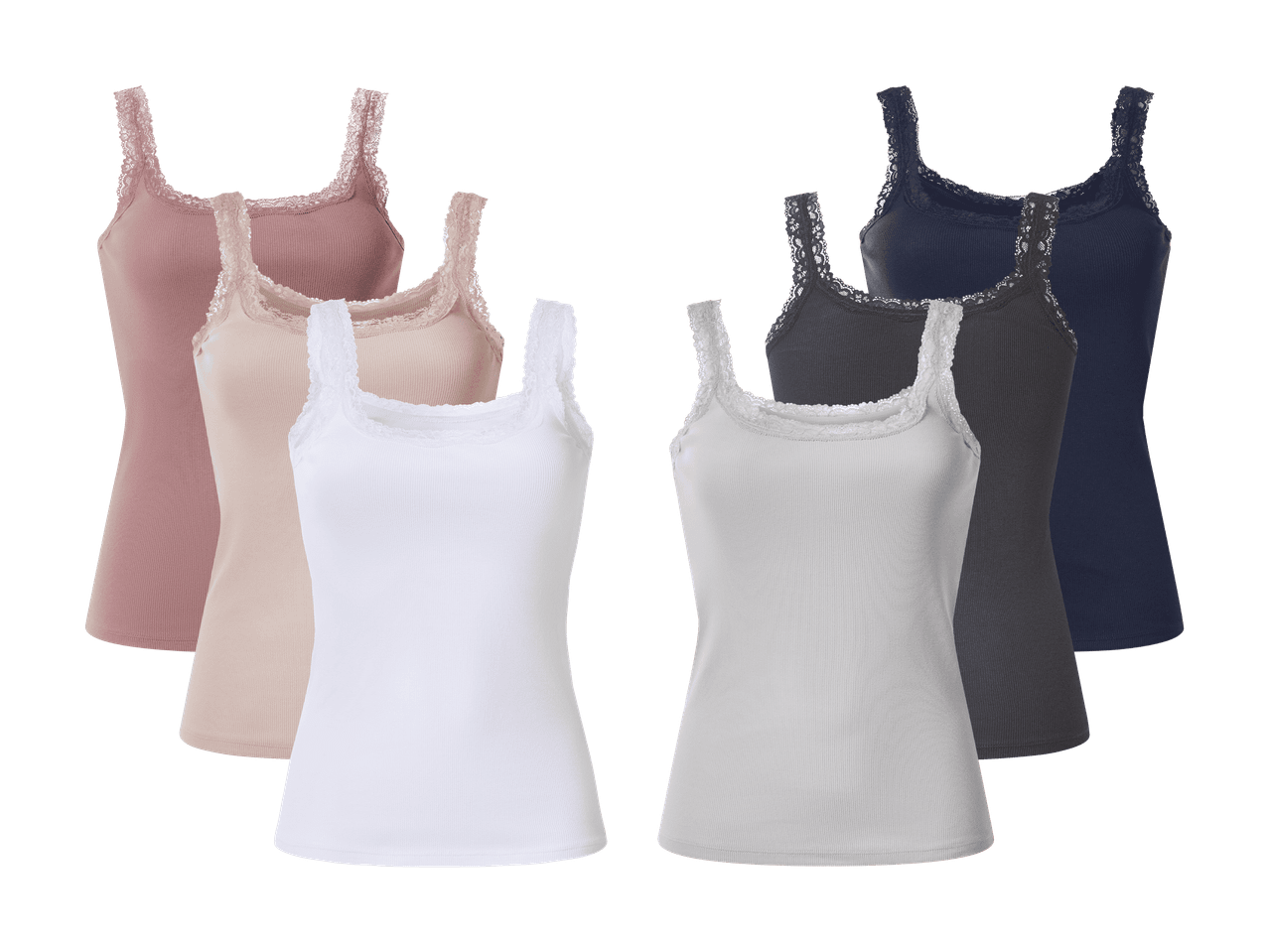 Seks ribstrikkede toppe med blondekanter i forskellige farver: rosa, beige, hvid, lysegrå, mørkegrå og mørkeblå.