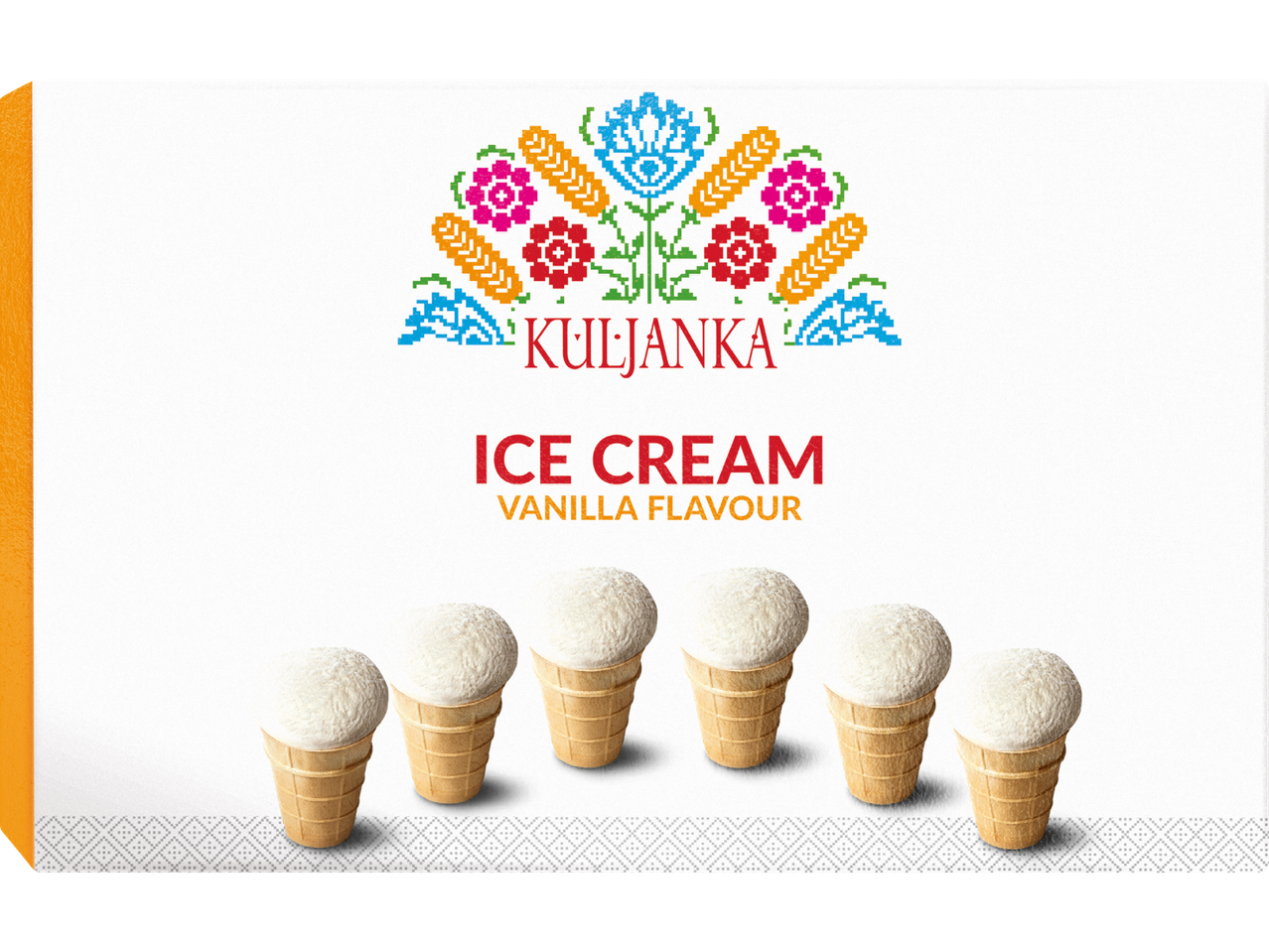 Sex vaniljglassar i våfflor under en logotyp med texten 'KULJANKA ICE CREAM VANILLA FLAVOUR'.