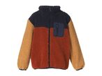 Color block fleece jacket in navy, rust, and mustard with a chest pocket.