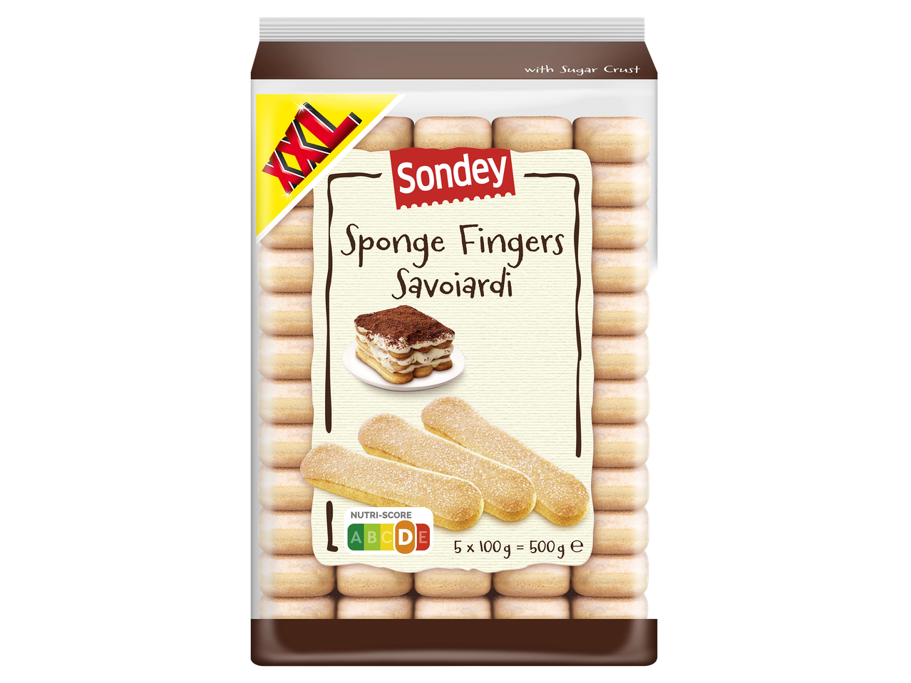 Sponge Fingers Savoiardi kekszek csomagolása, Nutri-Score jelöléssel és egy tiramisu szelettel.
