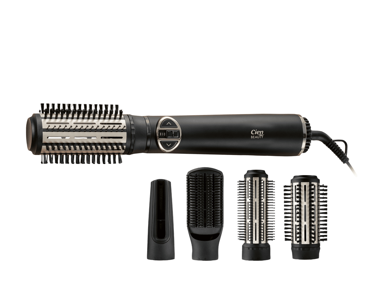 Heißluftbürste mit austauschbaren Aufsätzen für verschiedene Haarstyling-Optionen.