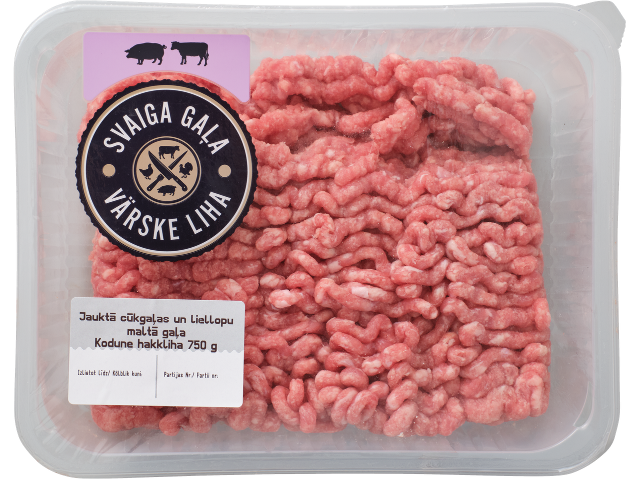 Pakend segahakklihaga, etiketil on kirjas 'Svaiga gaļa' ja 'Kodune hakkliha 750 g'.