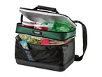 Green and black insulated lunch bag filled with food containers, drinks, and snacks.