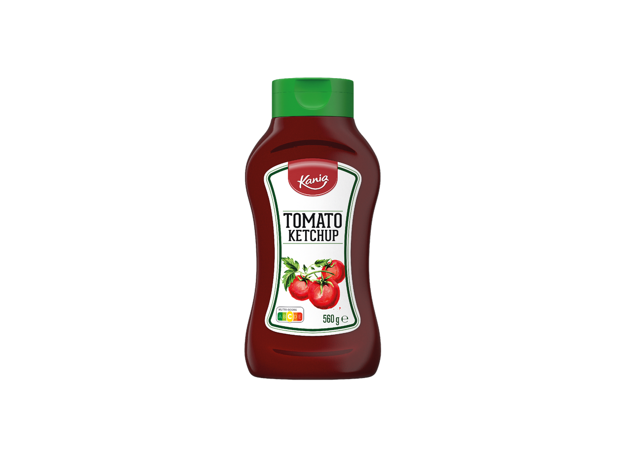 Kania umak od rajčice u boci s natpisom 'Tomato Ketchup' i Nutri-Score oznakom.