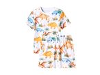 Hvidt børnesæt med T-shirt og shorts med farverigt dinosaurprint.
