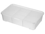 A clear plastic storage box with a divided interior.