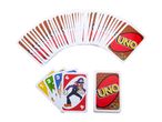 A fan of Super Mario themed UNO cards and a stack of four cards with characters.