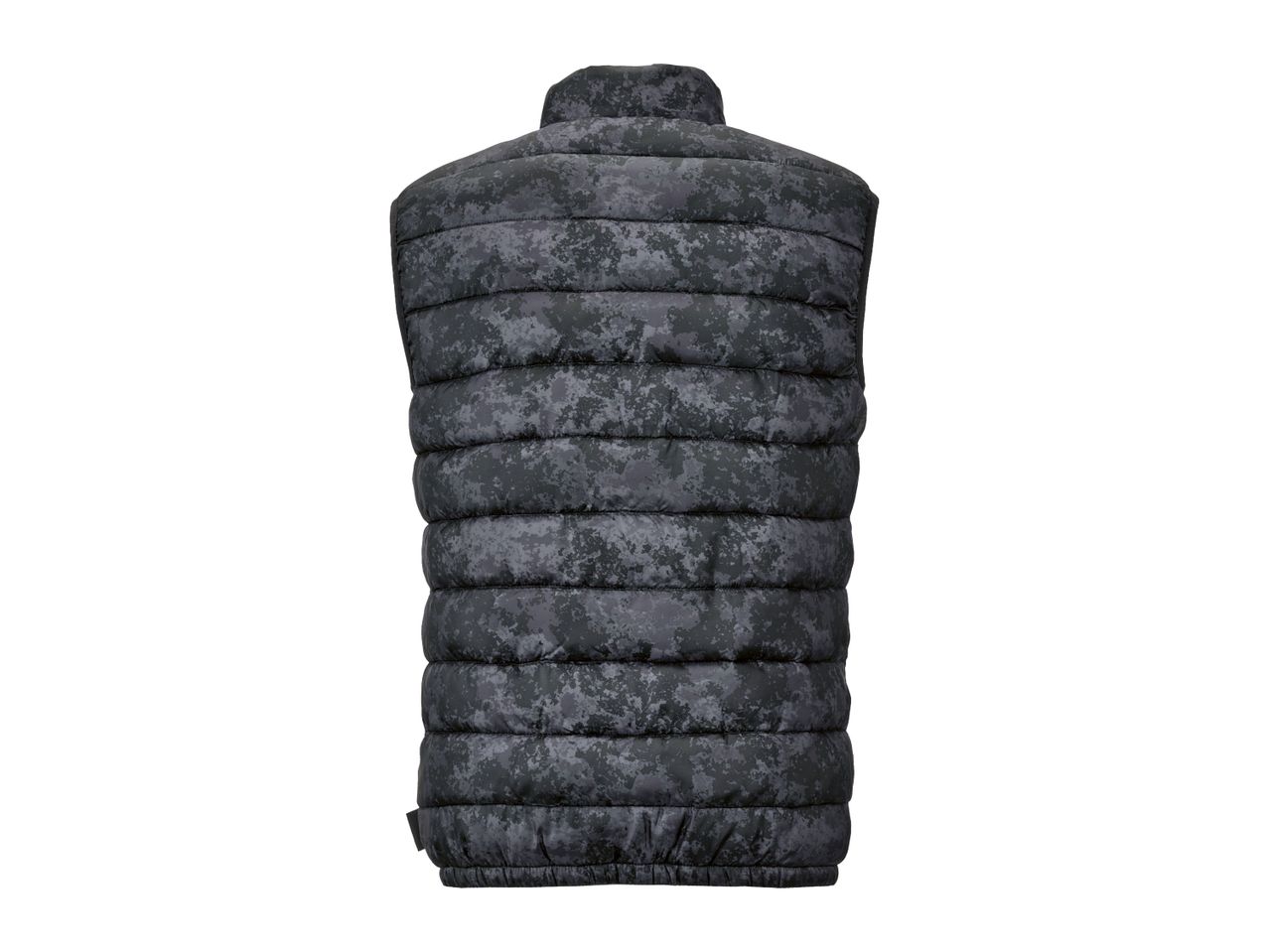 Back view of a dark gray camouflage puffer vest.