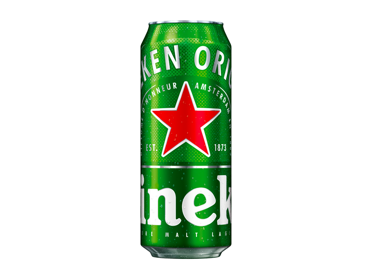 Zelena limenka piva sa crvenom zvezdom i kapljicama vode.