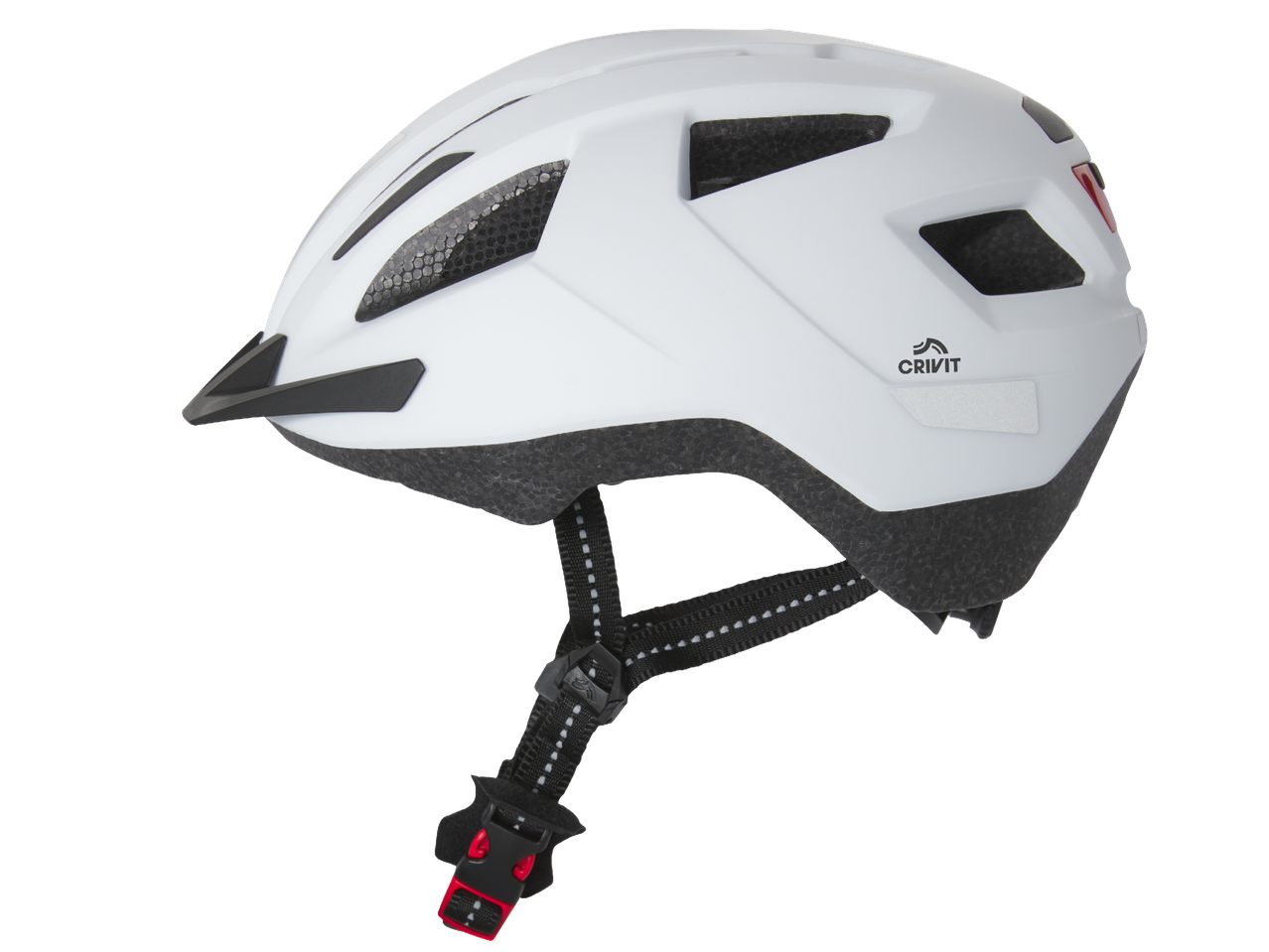 Бяла велосипедна каска с черна козирка и червени акценти.