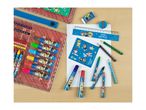 A colorful art set with crayons, markers, pencils, and a ruler, neatly arranged on a table.