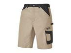 Beige work shorts with black reinforced pockets.