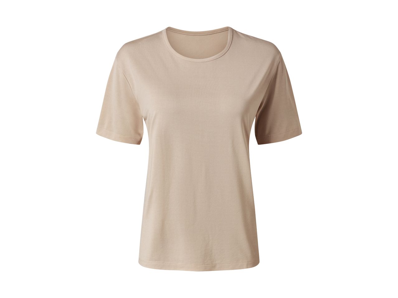En lys beige t-shirt med korte ærmer.