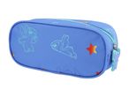 Blue pencil case with Stitch character outlines and orange stars, light blue zipper and pull.