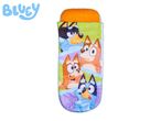 Sleeping bag with cartoon dog characters and a light blue logo.