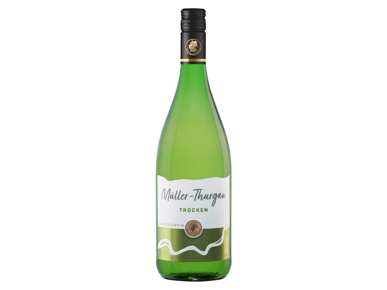 Grüne Flasche Müller-Thurgau trockener Weißwein mit deutschem Qualitätsweinetikett.
