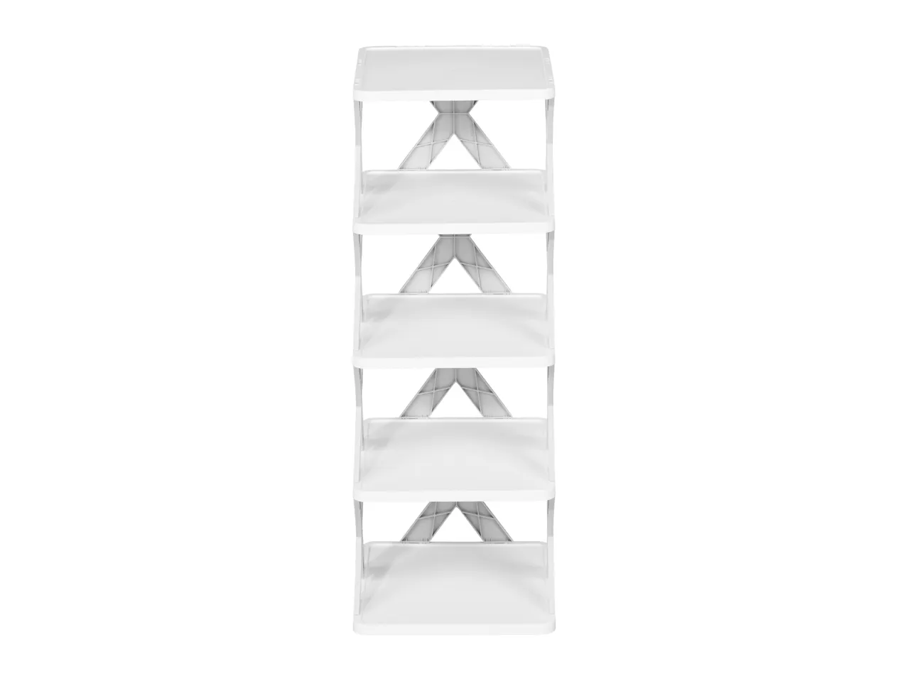White plastic 5-tier storage shelf with a triangular support structure.