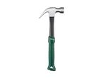 Claw hammer with a silver head, black neck, and green textured handle.