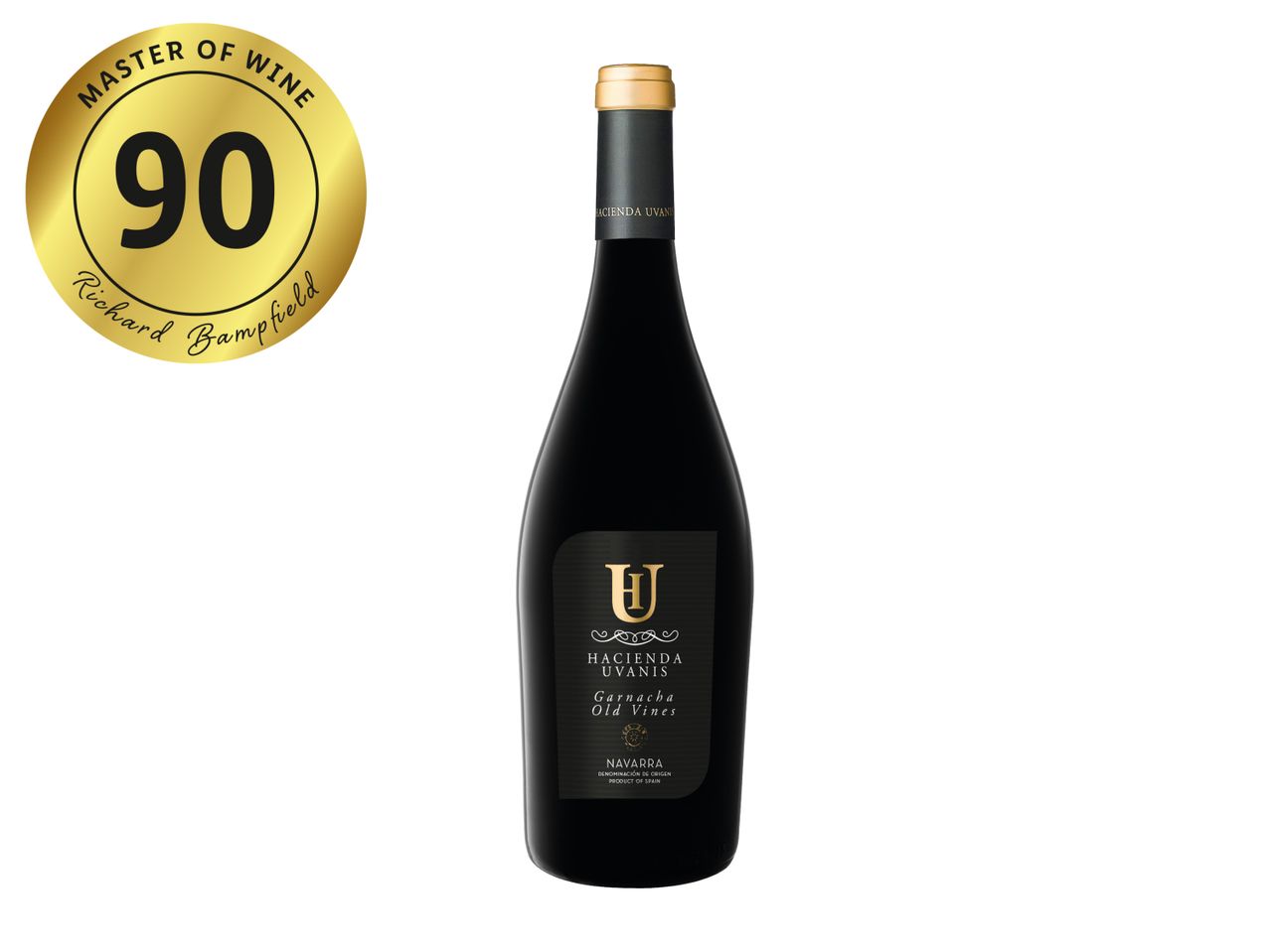 Dark wine bottle with a gold label, featuring a 90-point Master of Wine rating.