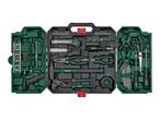 A green plastic toolbox filled with various hand tools and power tools.