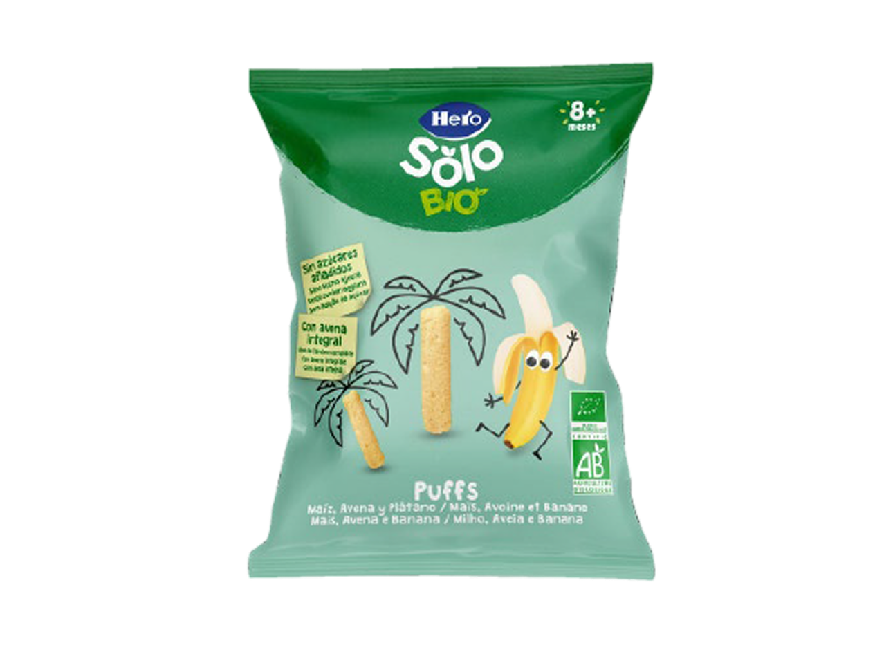Saco de puffs de milho, aveia e banana para bebés, com selo biológico.