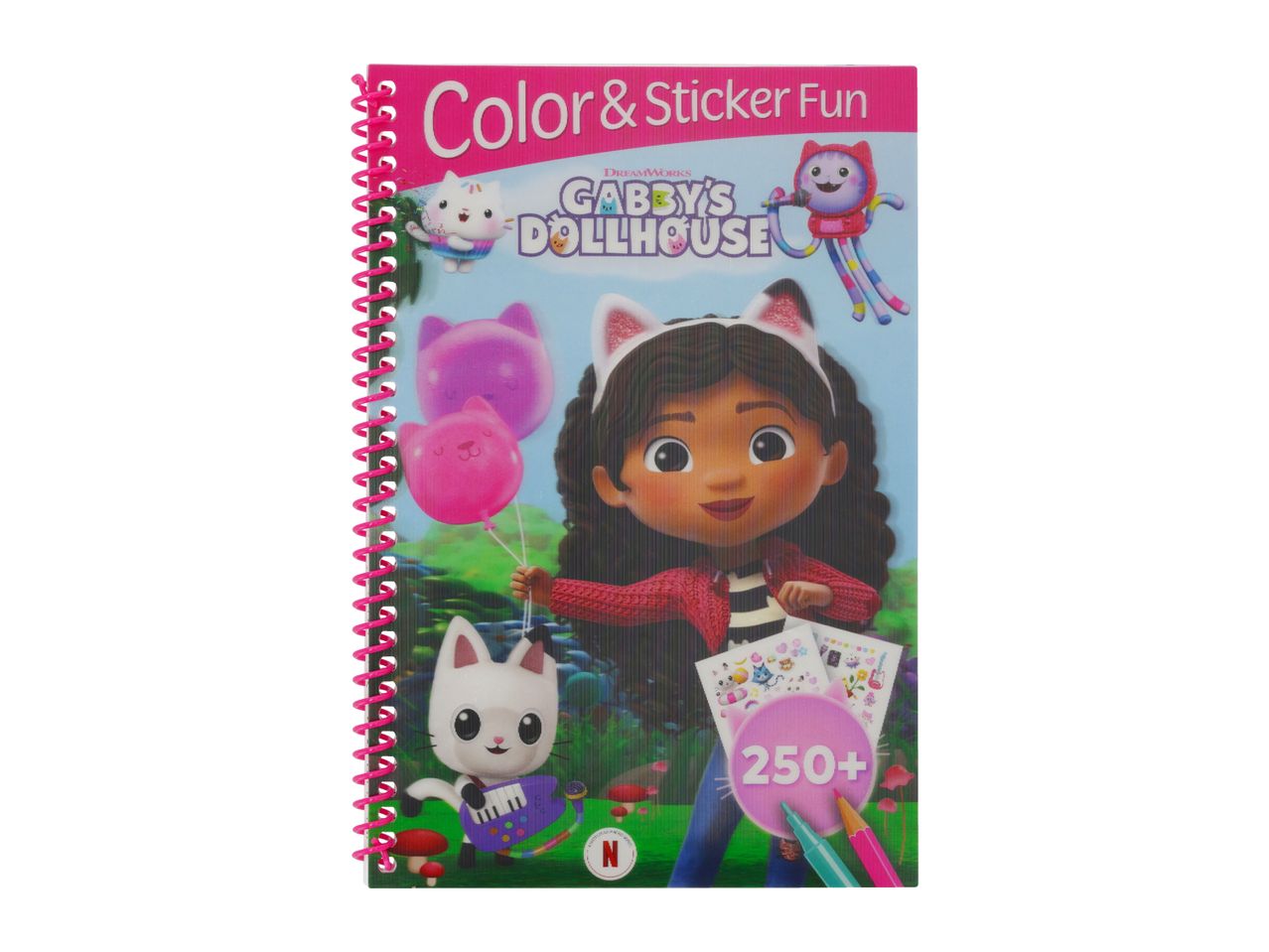 Color and Sticker Fun book featuring a girl with cat ears, cat balloons, and cartoon cats.
