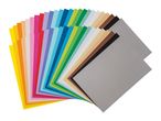 Fan of assorted colorful craft paper sheets, including yellow, orange, pink, blue, green, brown, black, and grey.