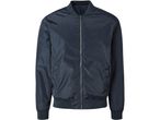 Bomber blu scuro con cerniera frontale e polsini a costine.