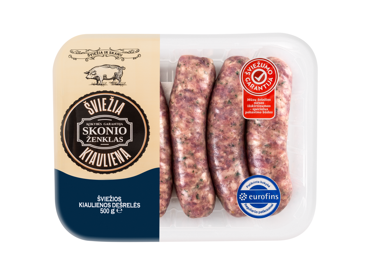 Šviežios kiaulienos dešrelės, 500 g, Eurofins pakuotė.