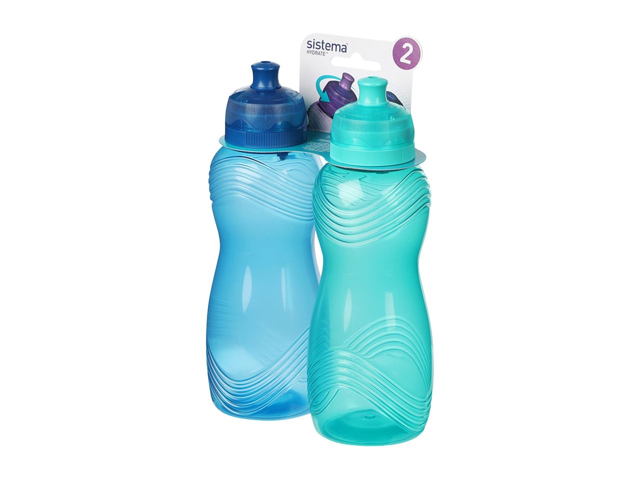 Two blue Sistema Hydrate water bottles.