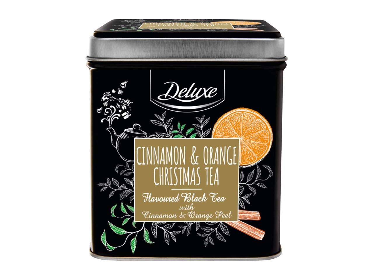 Deluxe Cinnamon & Orange Christmas Tea in a black tin with festive illustrations