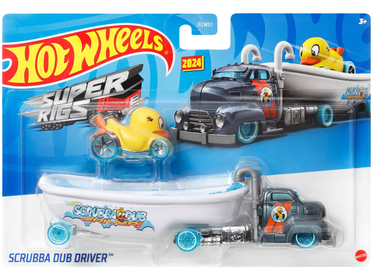 Hot Wheels Super Rigs 'Scrubba Dub Driver' with a bathtub truck and a rubber duck car.