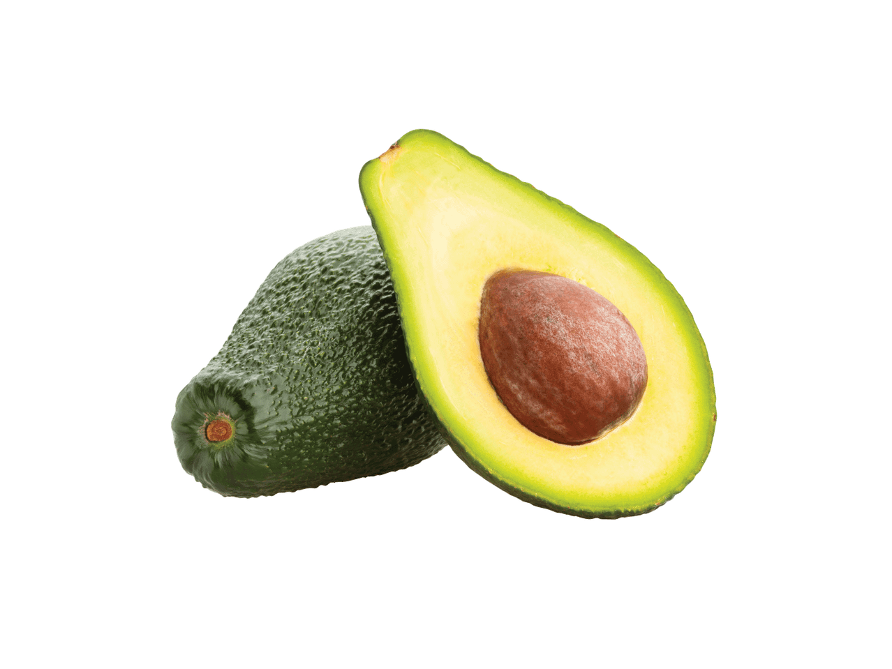 Avokado, viens vesels un viens pārgriezts uz pusēm ar kauliņu.