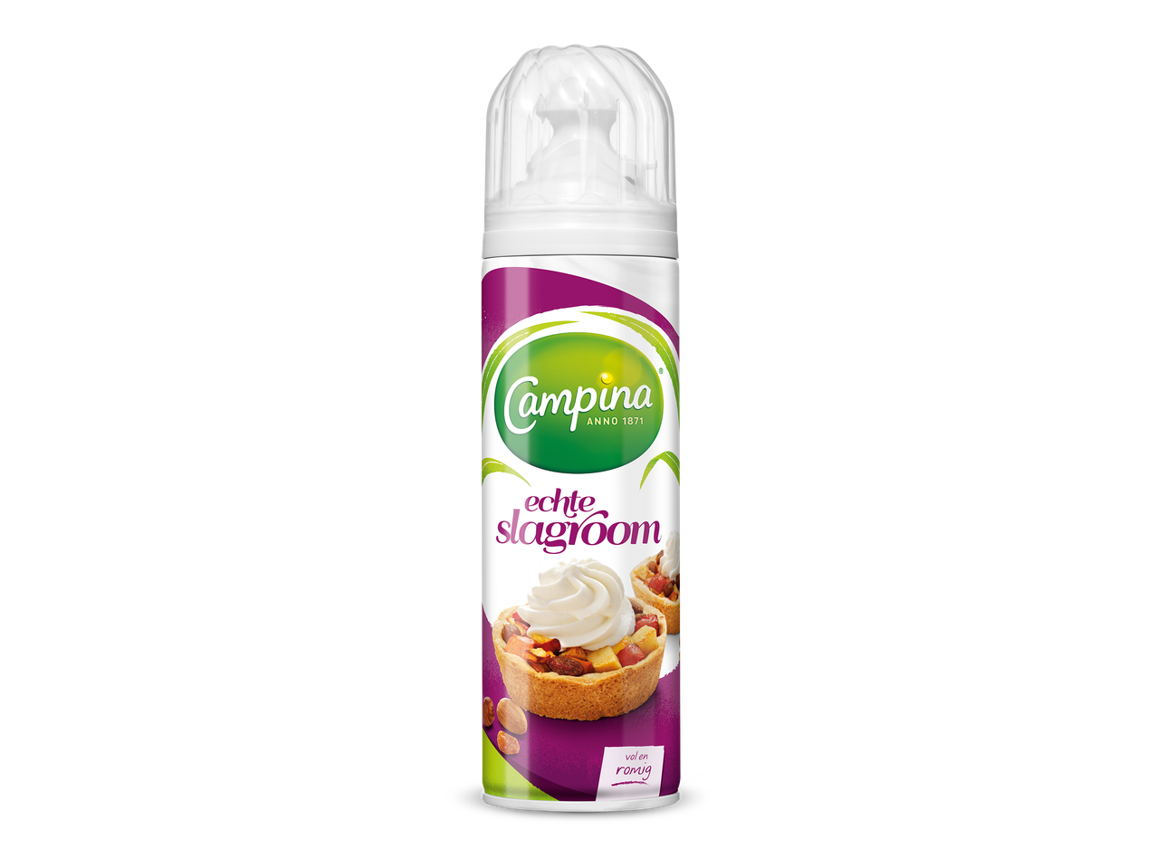 Spuitbus met slagroom, met afbeeldingen van taartjes met slagroom en noten.