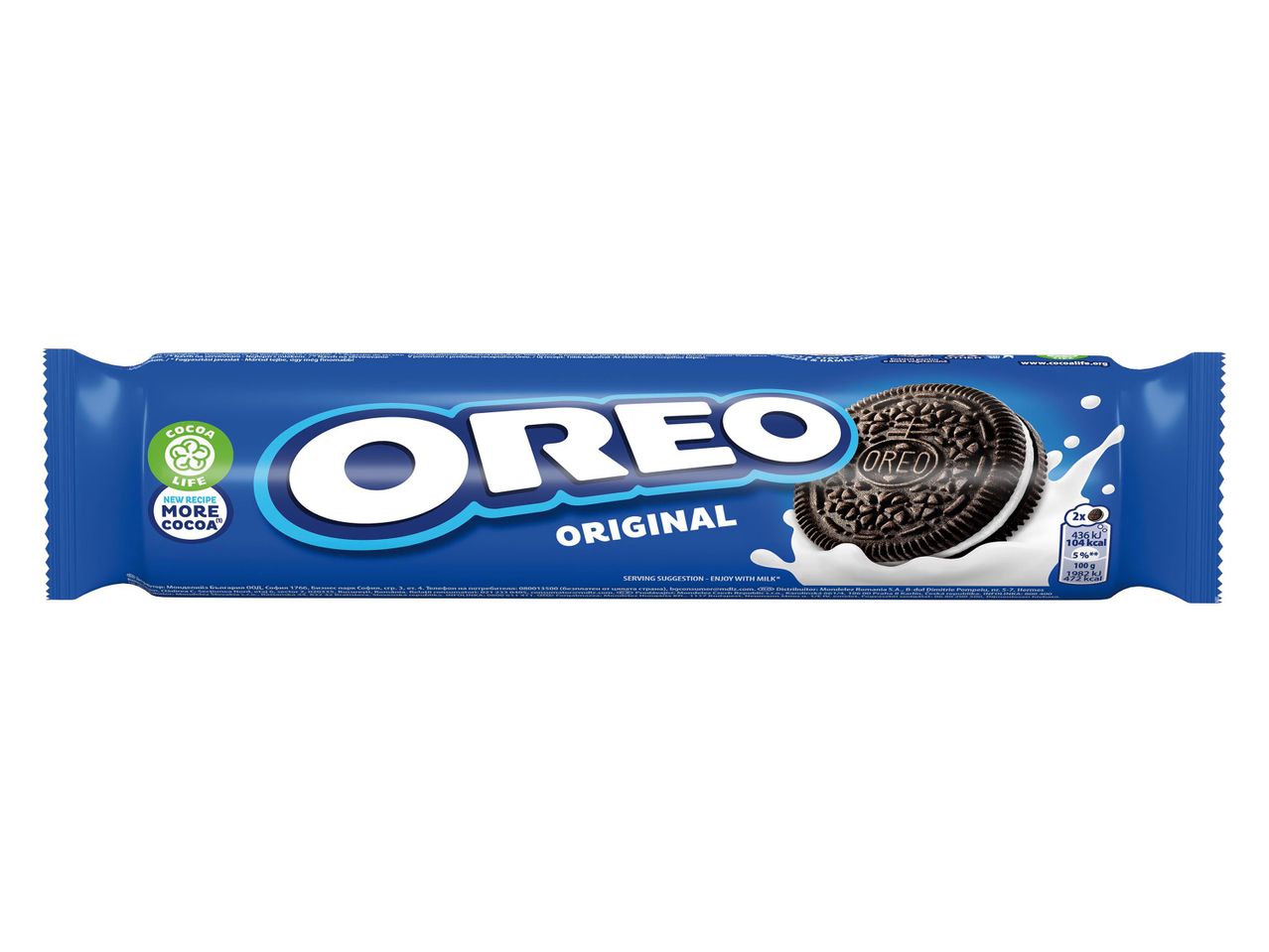 Oreo Original keksz csomagolása tejfröccsenéssel és táplálkozási információkkal.