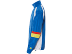Casaco corta-vento Lidl, azul e branco com detalhes em blocos de cores.