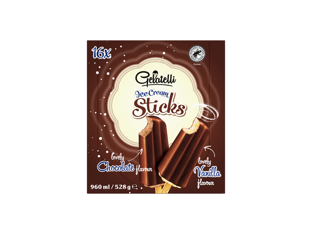 Gelatelli jégkrém pálcikák: 16 db, csokoládé és vanília.