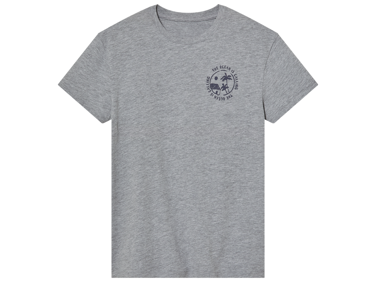 T-shirt gris chiné avec un motif circulaire bleu marine 'THE OCEAN IS CALLING' et des palmiers.