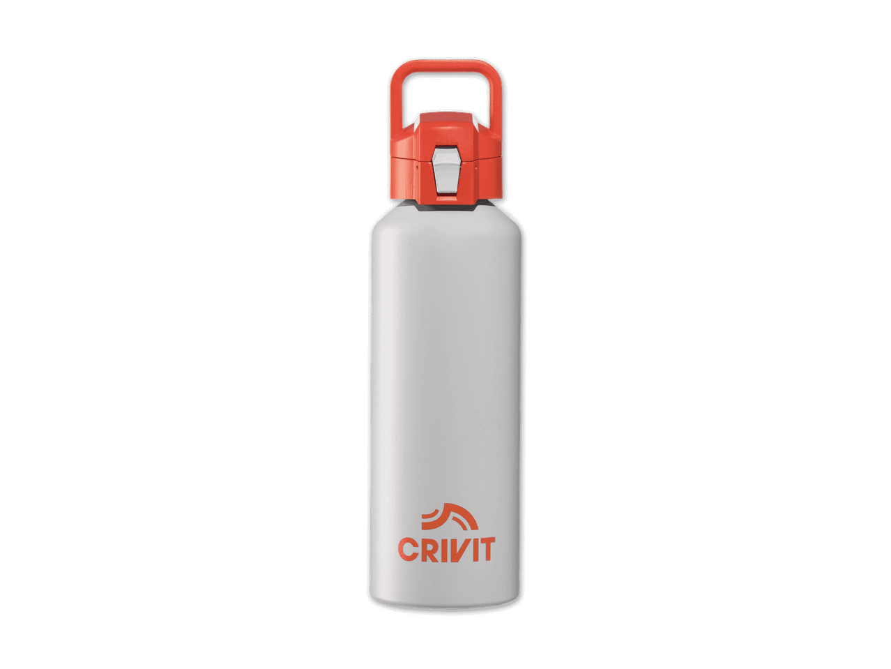Eine weiße Creavit Trinkflasche mit orangenem Deckel und Tragegriff.