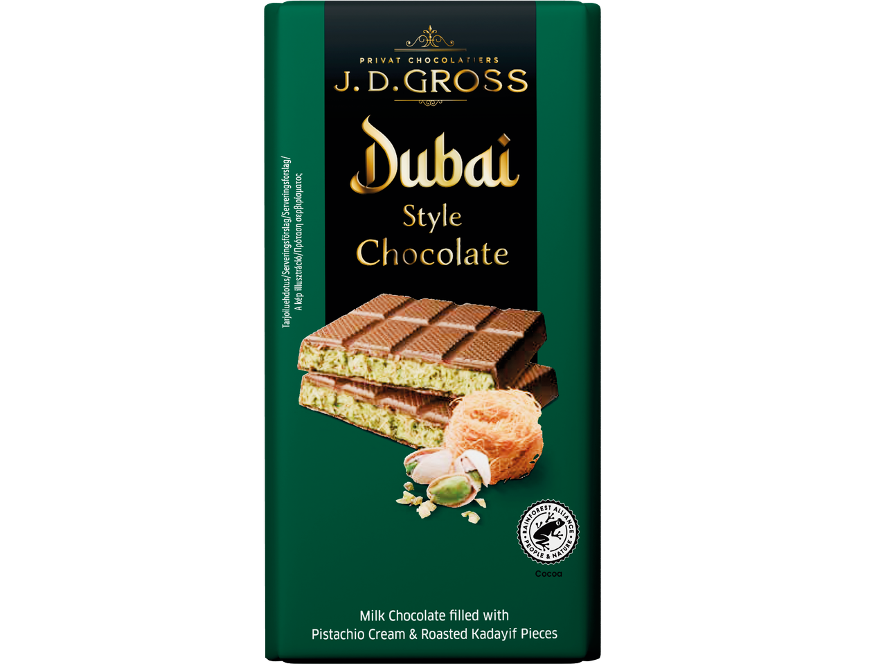 J.D. Gross Choklad Dubai style Chocolate: Mjölkchoklad med nötter.