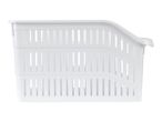 A white plastic storage basket with a slightly curved design.