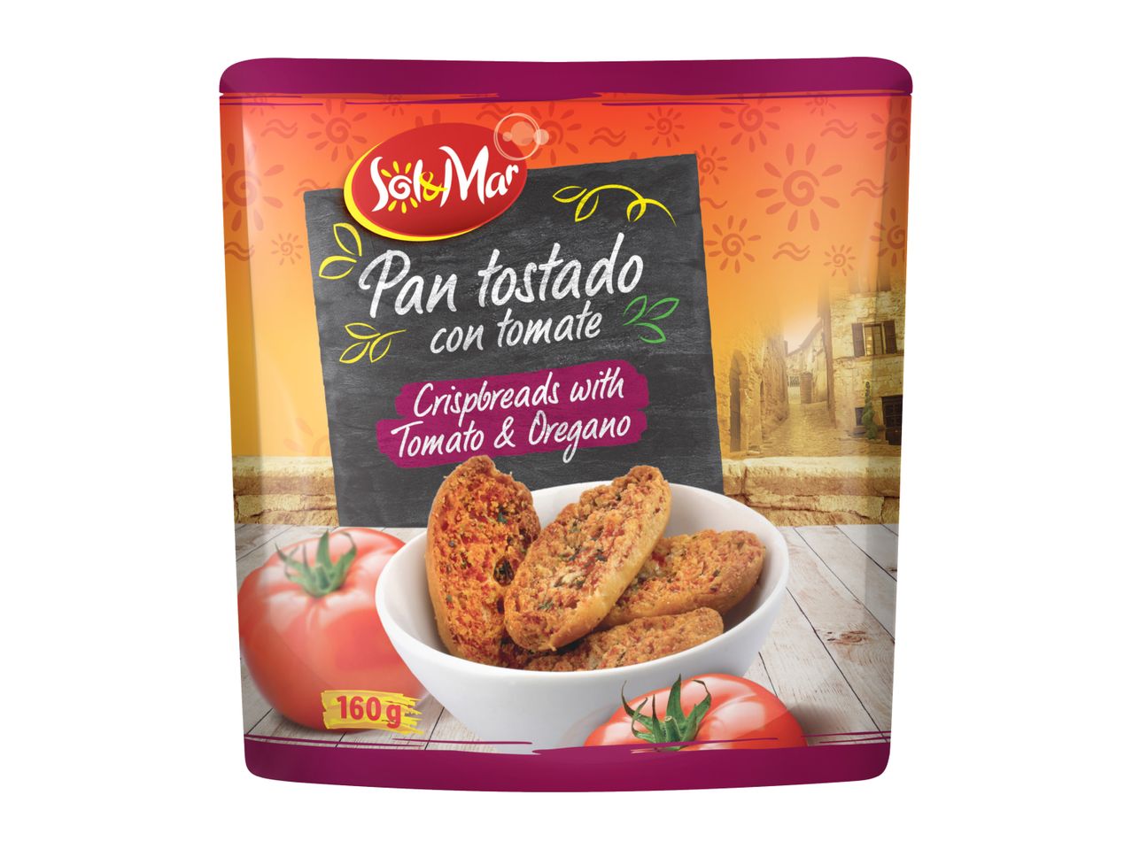 Crispbreads with tomato and oregano in a bowl, with fresh tomatoes and a village background.
